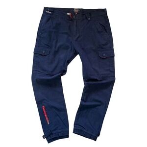 Born Fly navy cargo pants with red accents and knee stitching 42